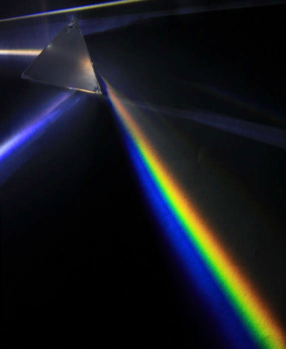 Image of white light rays passing through a prism resulting in a rainbow effect