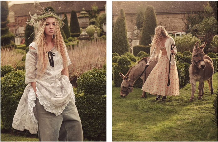 Woman in garden with two donkeys