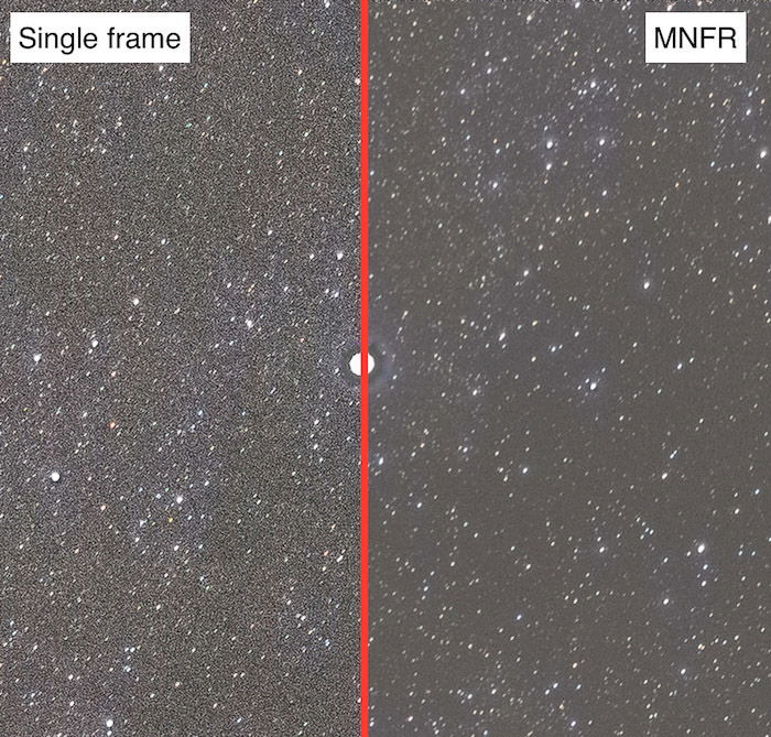 Comparison of the effect of doing MFNR on a Star field after auto-aligning the 32 frames.