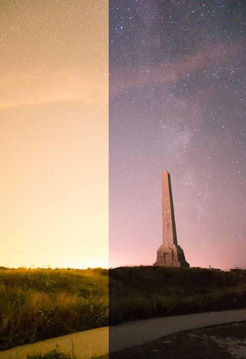 A split photo showing the effect of the LPR filter in a rural area (Cap-Blanc-Nez, France) on unedited images. Sony RX100Mk2 + LPR filter.