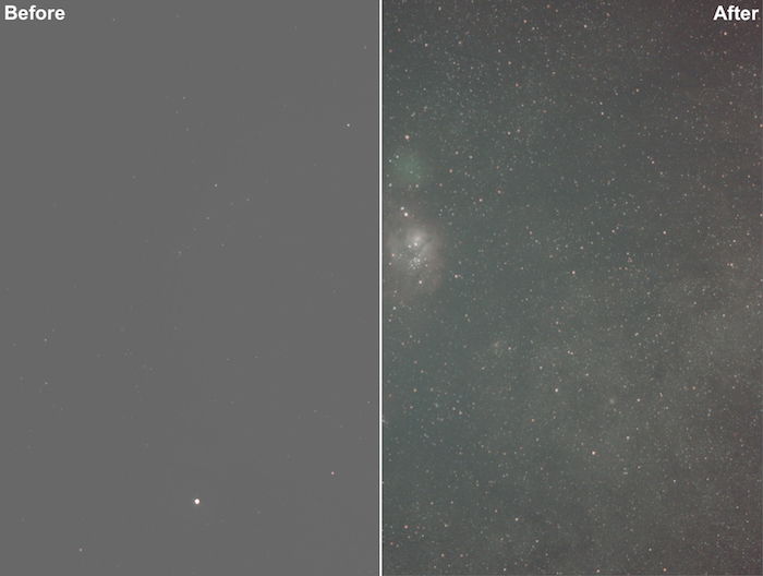 astrophotography diptych before and after editing with Annie's Astro Actions By Enterprise Astronomy & Photography