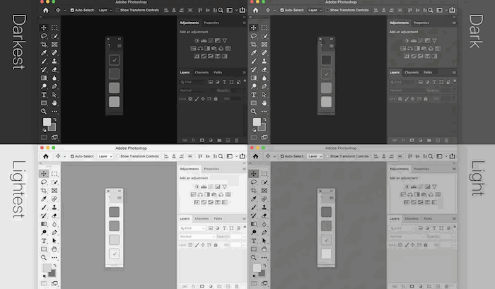 Screenshot of different interfaces using a Theme Switcher free Photoshop plugin