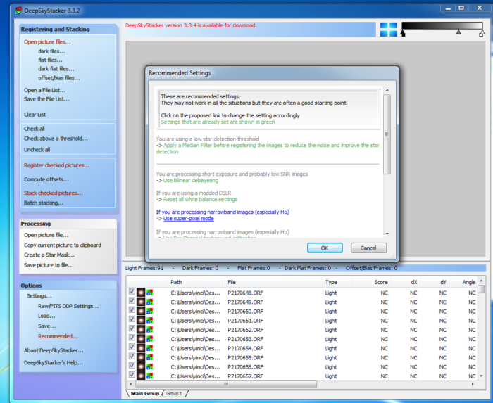 deepskystacker software recommended settings